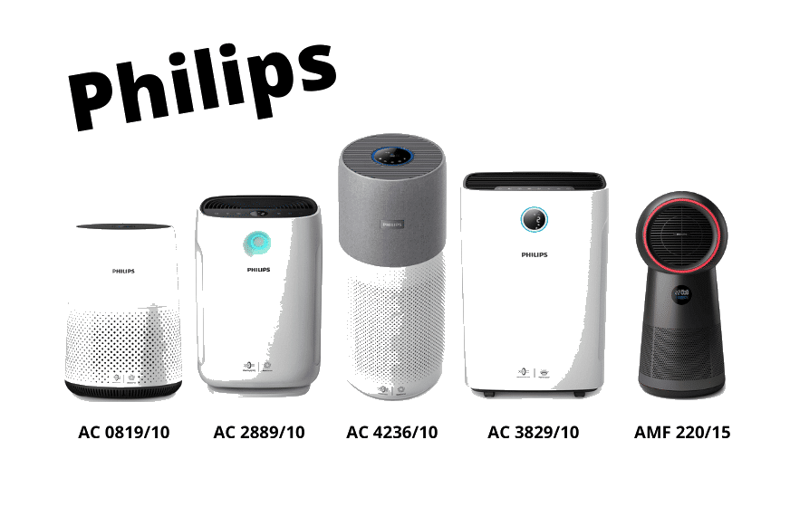 Различные очистители воздуха и комнатные кондиционеры Philips стоят бок о бок во время тестирования и сравнения